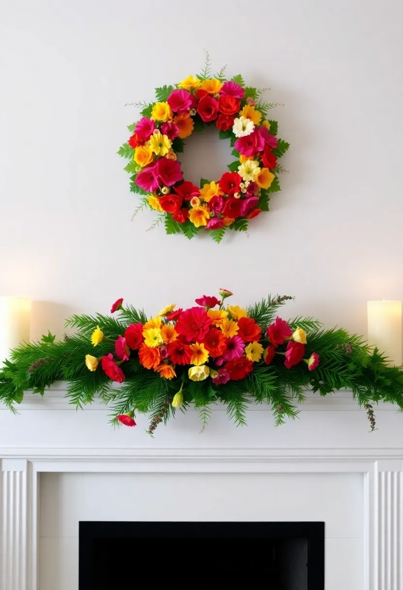 12 Colorful Fireplace Decor Ideas That Will Brighten Up Any Room! - 11. Colorful Wreaths and Garlands
