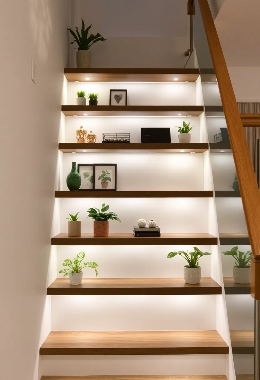 14 Magical Staircase Lighting Ideas That Will Illuminate Your Home (Don't Miss #7!) - 12. Floating Shelves with Lighting