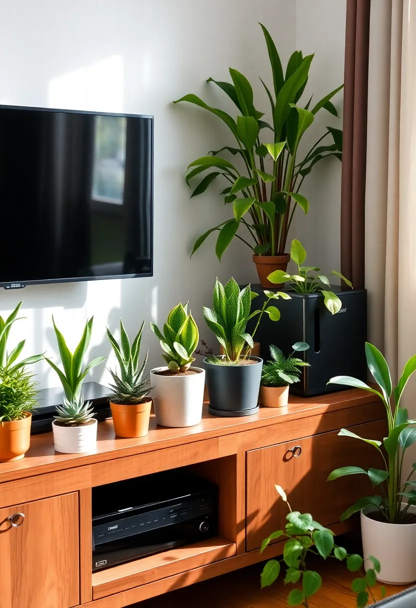 17 Tech-Inspired TV Stand Decor Ideas for the Ultimate Geek Chic (Check Out #9!) - 9. Plant Decor for Freshness