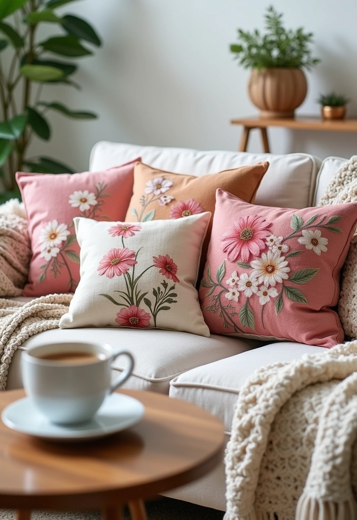11 Affordable Flower Decor Ideas for Your Living Room (You'll Be Surprised by #3!) - 10. Flower-Themed Throw Pillows