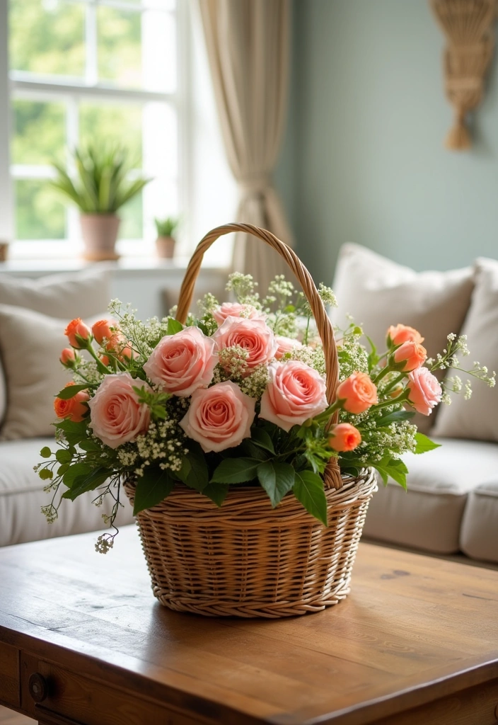 11 Affordable Flower Decor Ideas for Your Living Room (You'll Be Surprised by #3!) - 11. Flower Basket Displays