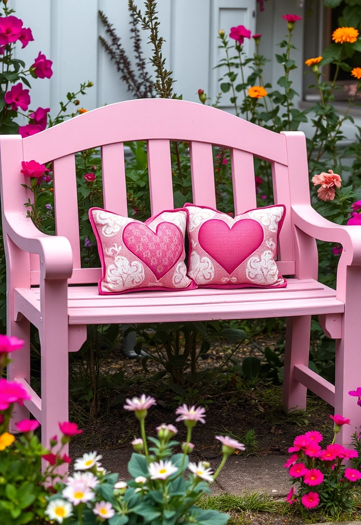 11 Outdoor DIY Valentine’s Day Decor Ideas to Make Your Garden Shine! - 10. Love-themed Garden Bench