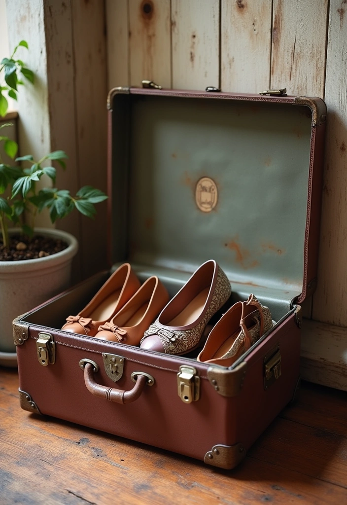 12 Stunning Shoe Rack Ideas That Will Transform Your Entryway (You Won't Believe #5!) - 7. Vintage Suitcase Shoe Storage