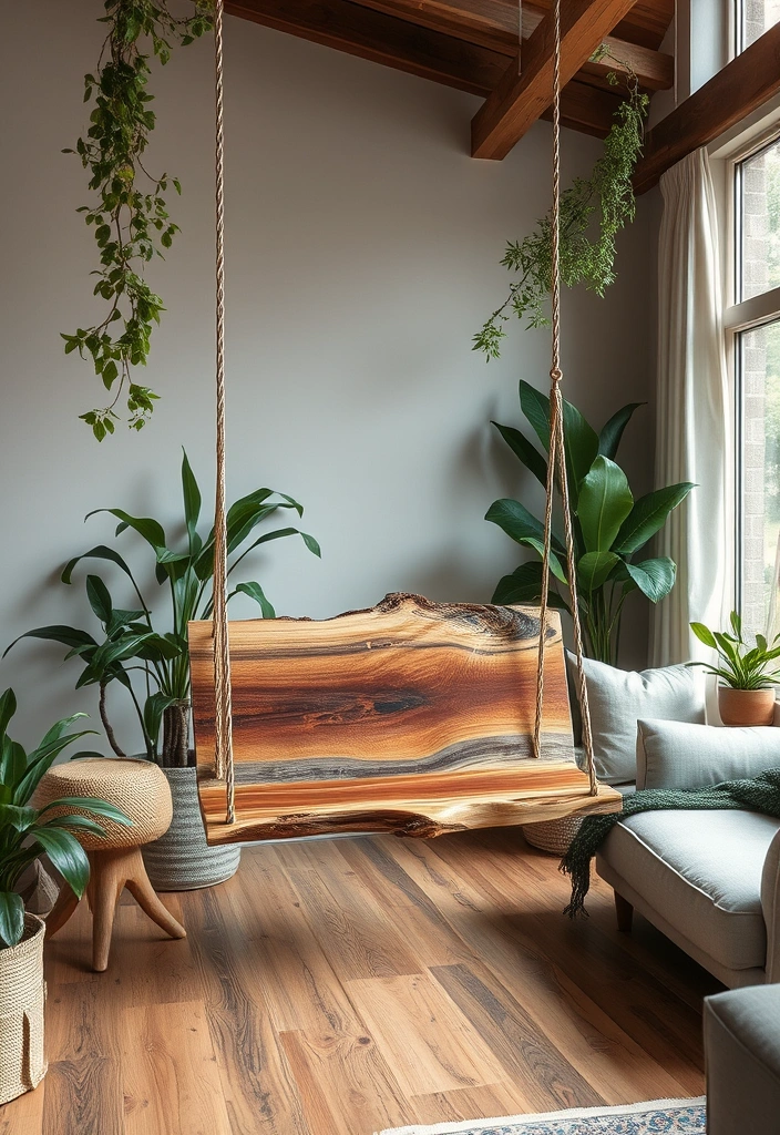 12 Stylish Decorative Swings for Your Living Room (Your Guests Will Be Jealous of #9!) - 10. Nature-Inspired: Live Edge Swing
