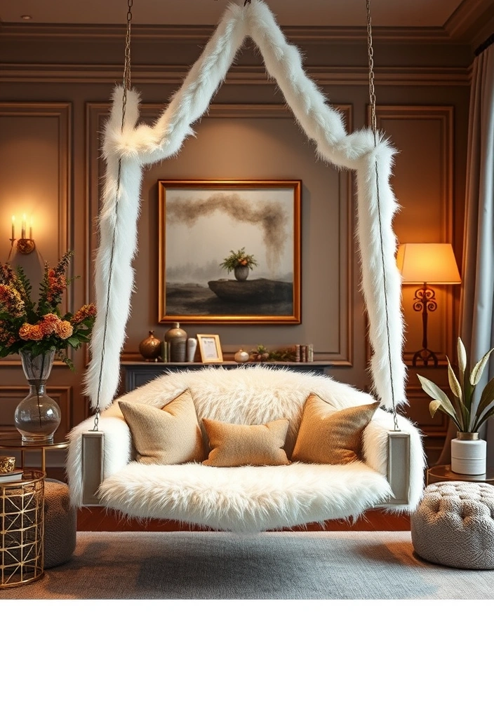 12 Stylish Decorative Swings for Your Living Room (Your Guests Will Be Jealous of #9!) - 11. Chic and Cozy: Faux Fur Swing