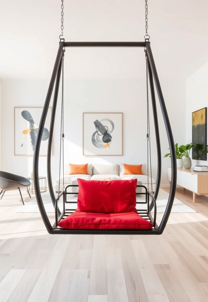 12 Stylish Decorative Swings for Your Living Room (Your Guests Will Be Jealous of #9!) - 2. Minimalist Marvel: Sleek Metal Swing
