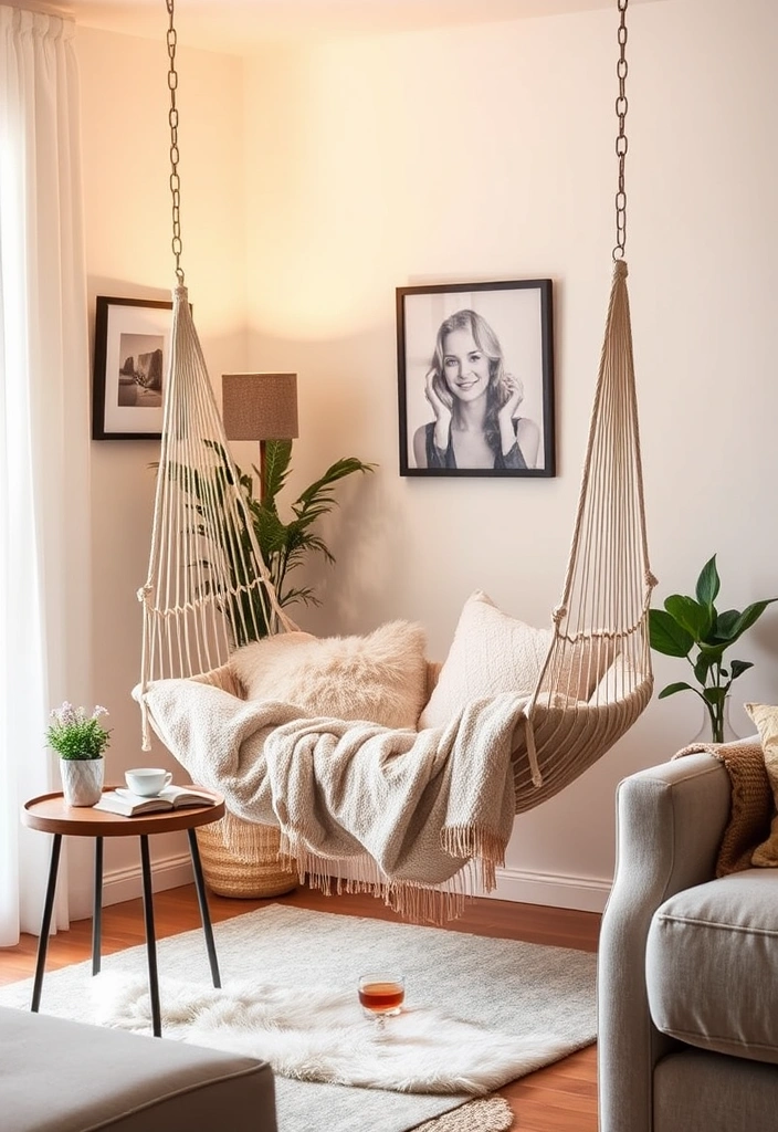 12 Stylish Decorative Swings for Your Living Room (Your Guests Will Be Jealous of #9!) - 5. Cozy Corner: Indoor Hammock Swing