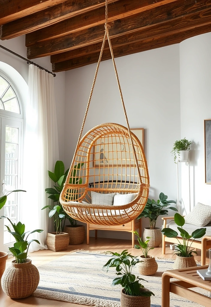 12 Stylish Decorative Swings for Your Living Room (Your Guests Will Be Jealous of #9!) - 6. Artistic Flair: Hanging Rattan Swing