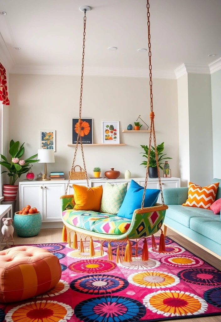 12 Stylish Decorative Swings for Your Living Room (Your Guests Will Be Jealous of #9!) - 8. Playful Spirit: Colorful Hanging Swing
