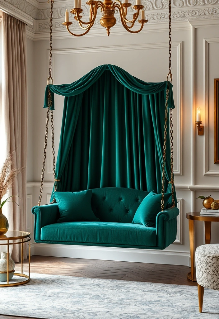 12 Stylish Decorative Swings for Your Living Room (Your Guests Will Be Jealous of #9!) - 9. Luxe Lounge: Velvet Swing