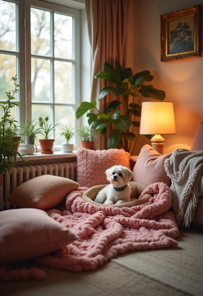 15 Pet Home Decor Ideas That’ll Make Your Living Room Purr-fectly Cozy! - 3. Cozy Pet Corner with Blankets