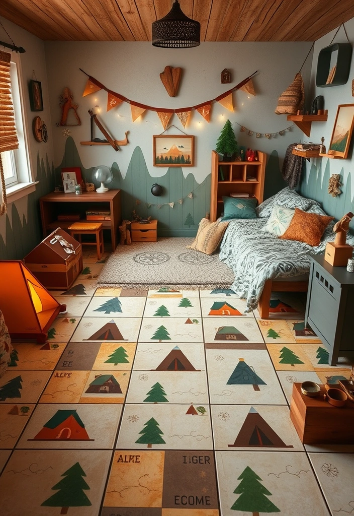 25 Enchanting Kids Room Tile Decor Ideas That'll Spark Their Imagination! - 16. Adventure-Ready Camping Theme