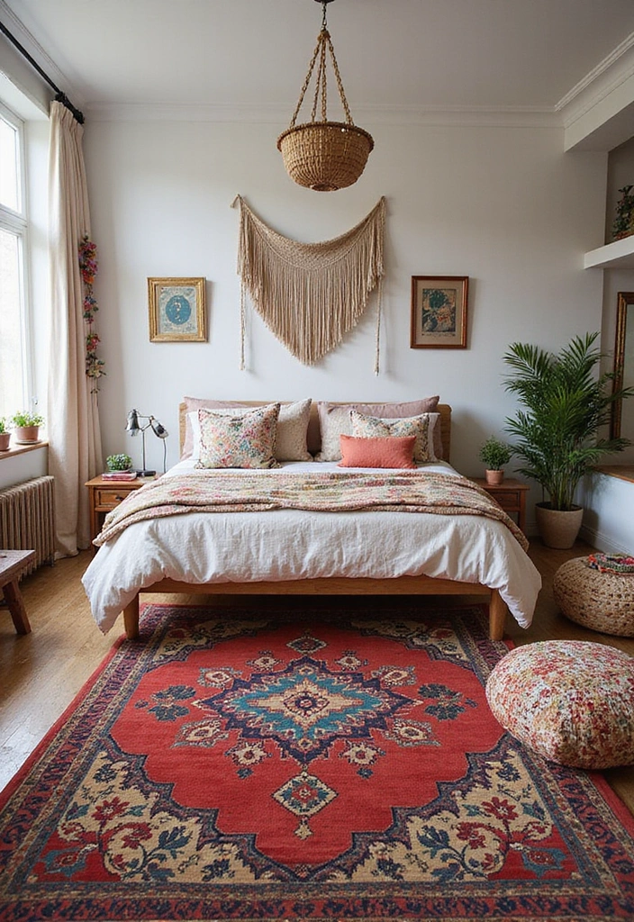 14 Boho Bedroom Decor Ideas That Will Make You Feel Like You're on a Permanent Vacation! - 13. Statement Rugs to Define the Space