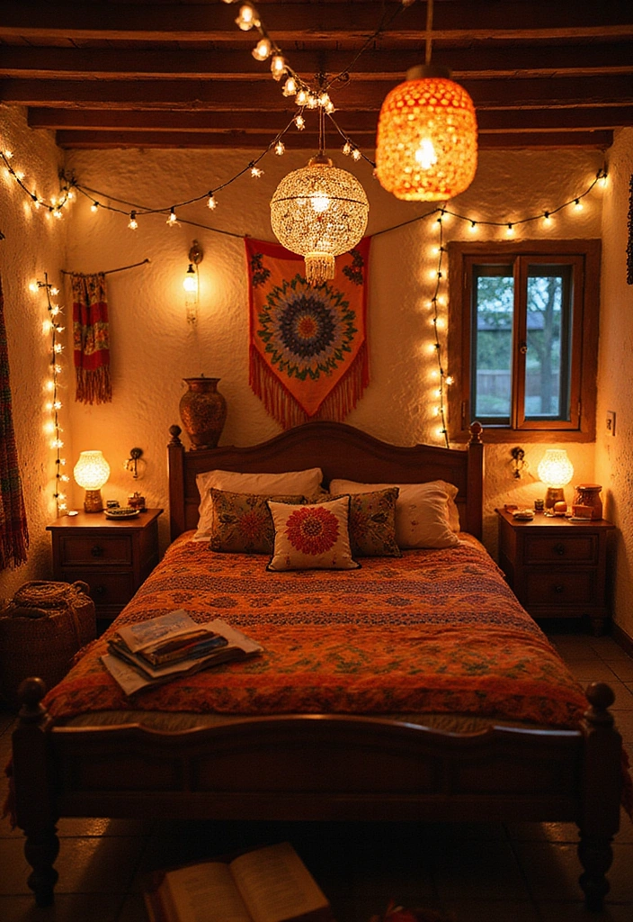 14 Boho Bedroom Decor Ideas That Will Make You Feel Like You're on a Permanent Vacation! - 6. Whimsical Lighting for a Dreamy Atmosphere
