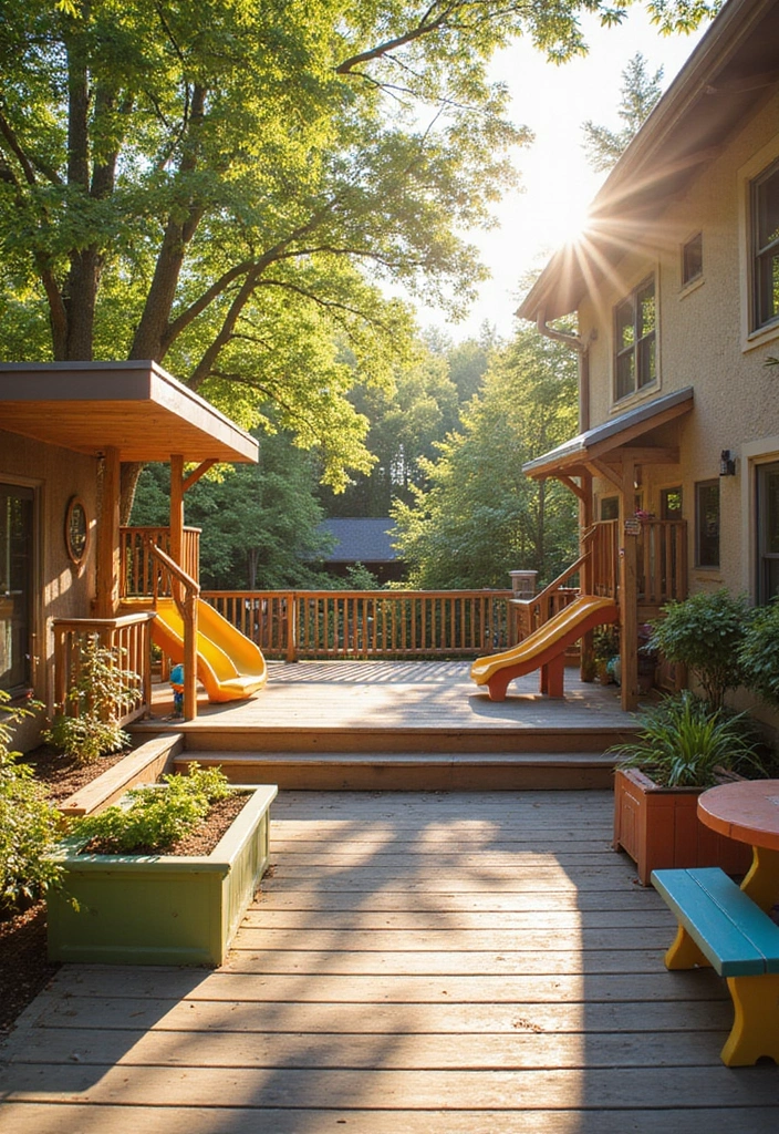 14 Family-Friendly Low Deck Designs That Are Safe and Fun for Everyone! - 1. Playful Multi-Level Deck