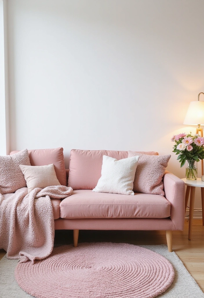15 Cozy Living Room Ideas with Pink Decor That'll Make You Say 'Wow!' - 1. Blush Sofa with Cozy Textiles