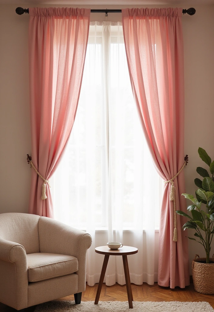 15 Cozy Living Room Ideas with Pink Decor That'll Make You Say 'Wow!' - 11. Pink Curtains for Soft Light