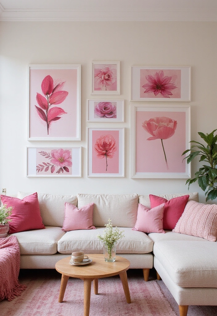 15 Cozy Living Room Ideas with Pink Decor That'll Make You Say 'Wow!' - 13. Pink Wall Art