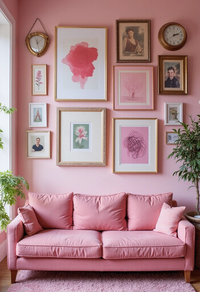 15 Cozy Living Room Ideas with Pink Decor That'll Make You Say 'Wow!' - 7. Pink Gallery Wall