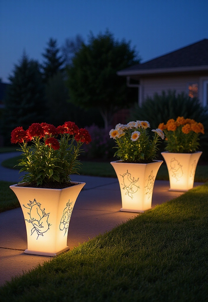 18 Magical Outdoor Lighting Ideas to Illuminate Your Front Yard Like Never Before! - 7. Decorative Lighted Planters