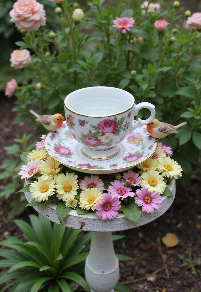 10 Creative Bird Bath Designs You Can Make at Home (Your Feathered Friends Will Thank You!) - 2. Upcycled Teacup Bird Bath