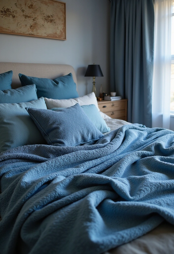 15 Stunning Blue Bedroom Decor Ideas That Will Transform Your Space into a Tranquil Oasis! - 14. Layered Blue Textiles