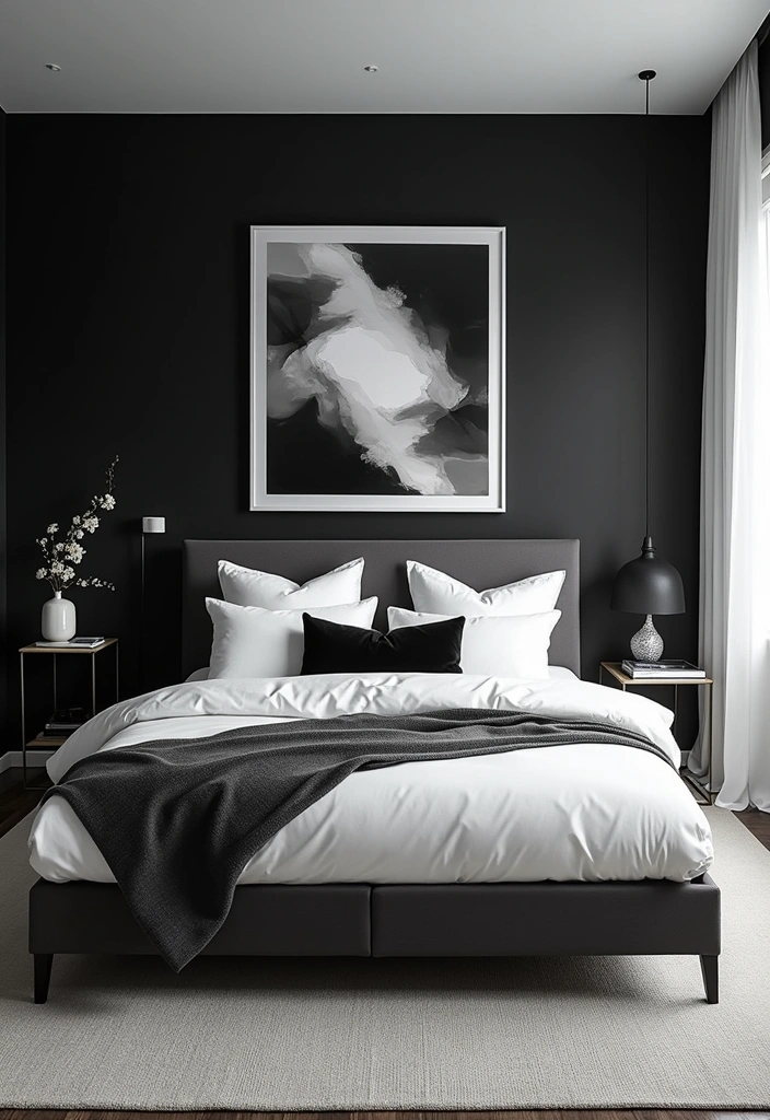 10 Stunning Black Bedroom Decor Ideas That Will Make You Want to Redecorate NOW! - 1. Monochrome Magic with Black and White