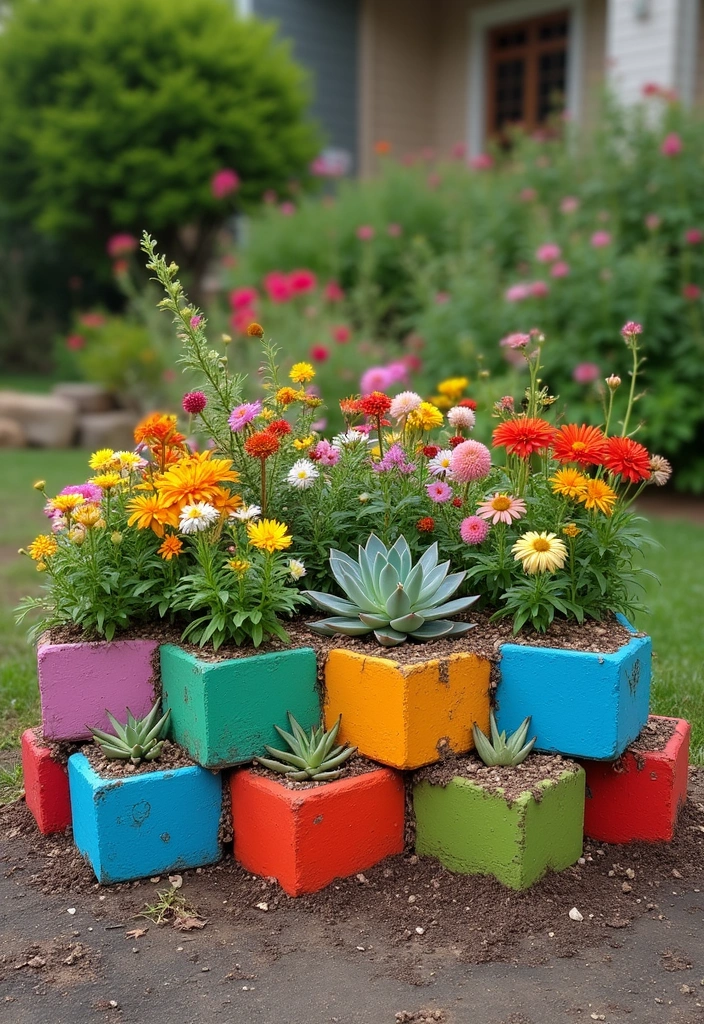 12 DIY Flower Beds You Can Create This Weekend (Your Garden Will Thank You!) - 6. Colorful Cinder Block Garden