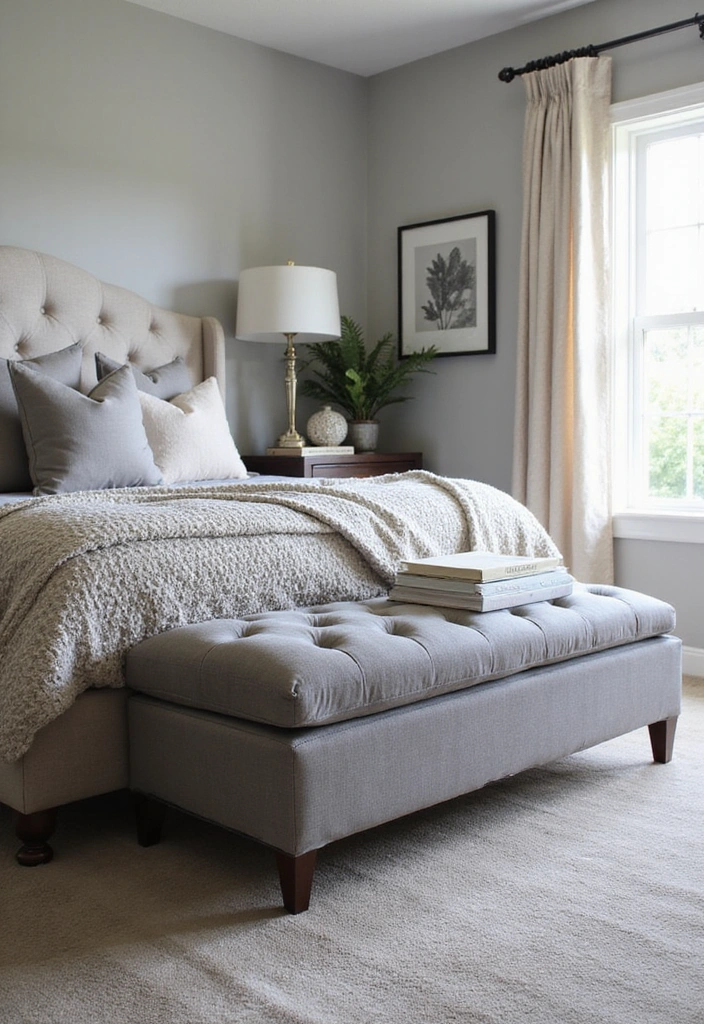 12 Trendy Gray Bedroom Furniture Pieces You Didn't Know You Needed (Check Out #3!) - 3. Soft Gray Upholstered Bench