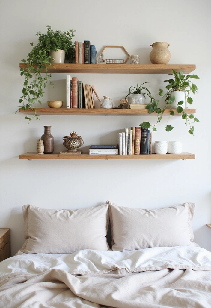 13 Bedroom Wall Art Ideas That'll Make Your Space Feel Like a Cozy Retreat! - 11. Layered Wall Shelves with Decor