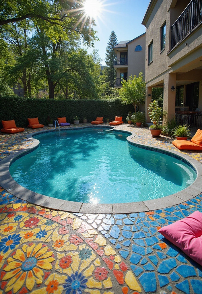 14 Gorgeous Pool Deck Designs That Will Turn Your Small Pool into a Relaxation Hub! - 5. Colorful Mosaic Magic