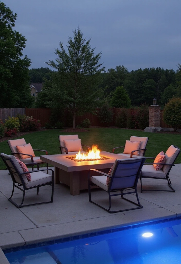 14 Gorgeous Pool Deck Designs That Will Turn Your Small Pool into a Relaxation Hub! - 8. Modern Fire Pit Haven