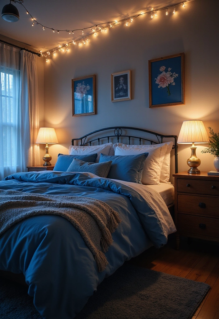 15 Dreamy Blue Bedroom Decor Ideas for a Tranquil Oasis (You’ll Love #9!) - 12. Soft Lighting with Blue Accents