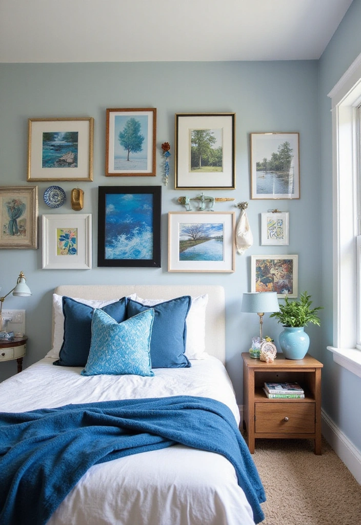 15 Dreamy Blue Bedroom Decor Ideas for a Tranquil Oasis (You’ll Love #9!) - 14. Personalized Touches with Blue Art