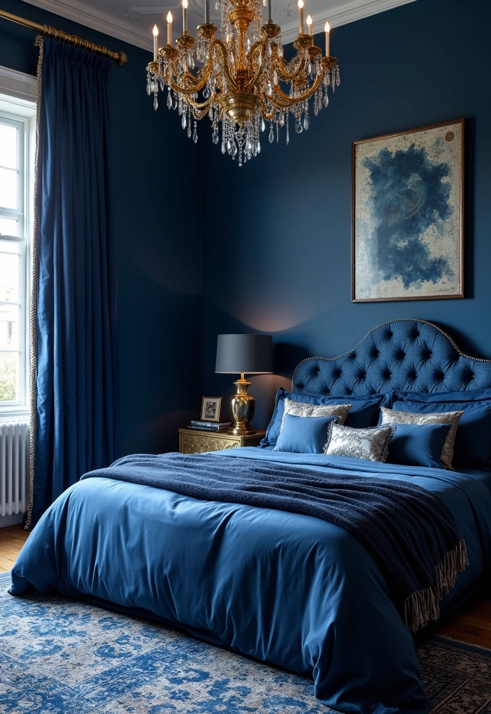 15 Dreamy Blue Bedroom Decor Ideas for a Tranquil Oasis (You’ll Love #9!) - 6. Royal Elegance with Deep Blue