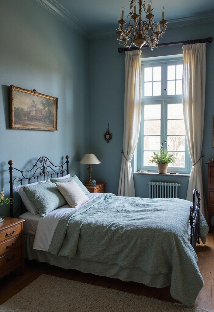 15 Dreamy Blue Bedroom Decor Ideas for a Tranquil Oasis (You’ll Love #9!) - 7. Vintage Charm with Muted Blues