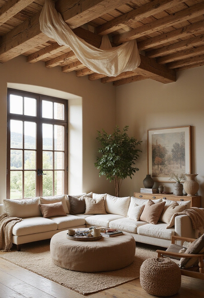 12 Stunning Wall Beam Ideas That'll Transform Your Home into a Rustic Retreat! - 11. Ceiling Beams Wrapped in Fabrics for Soft Touch