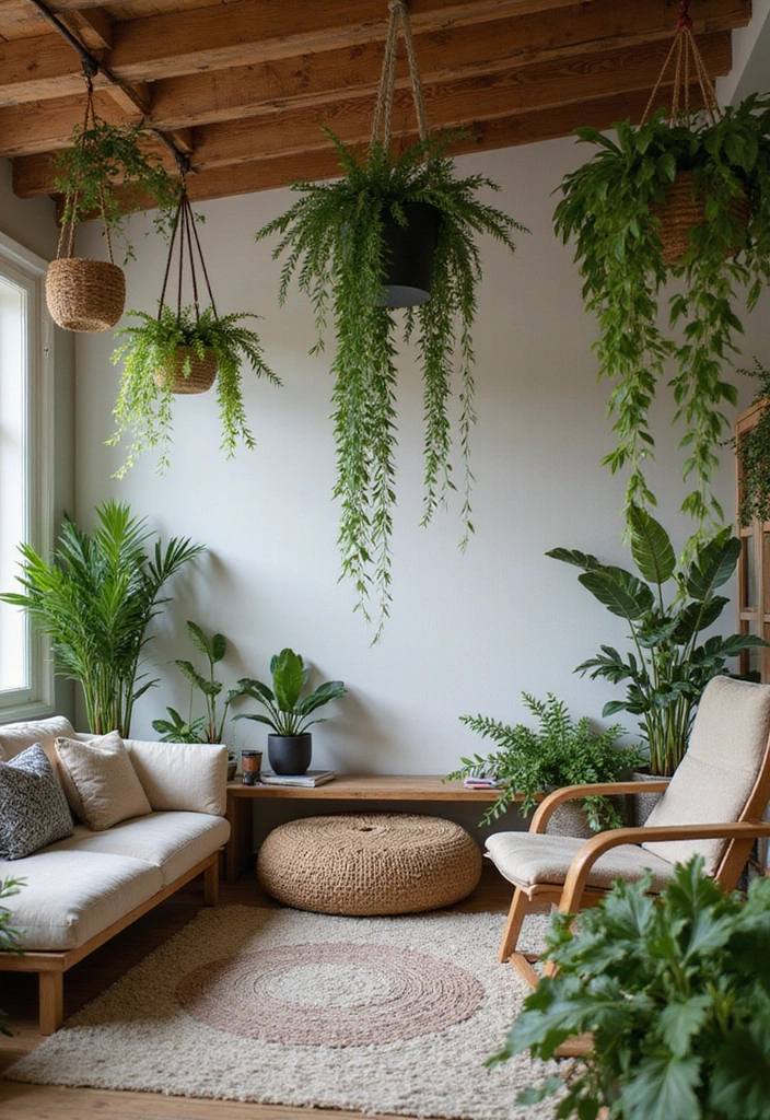 12 Stunning Wall Beam Ideas That'll Transform Your Home into a Rustic Retreat! - 12. Beams with Plant Hangers for a Green Touch