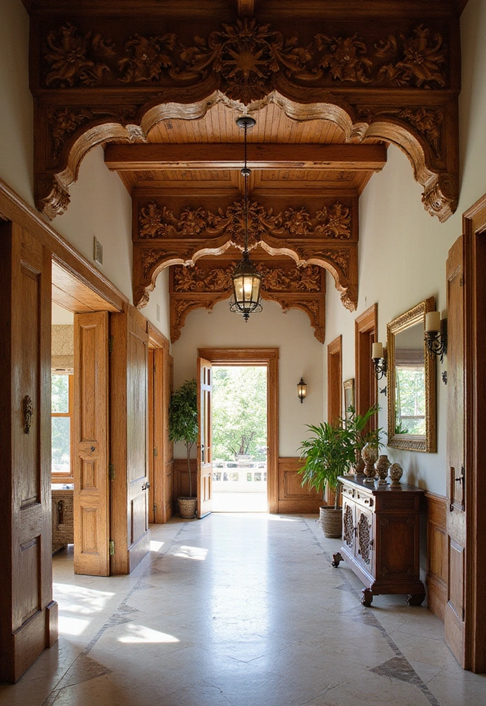 12 Stunning Wall Beam Ideas That'll Transform Your Home into a Rustic Retreat! - 6. Decorative Beams with Carvings for Unique Flair