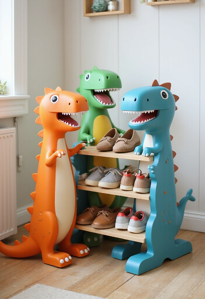 13 Whimsical Shoe Racks for Kids That Spark Imagination (You Won't Believe #7!) - 7. Dinosaur Adventure Shoe Rack