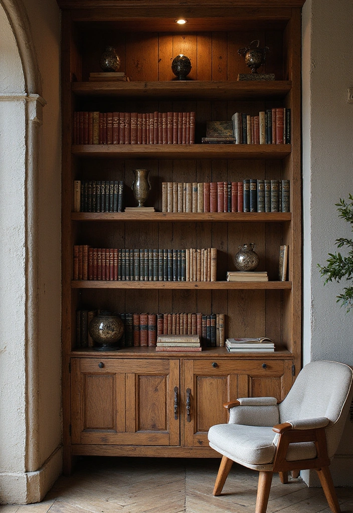14 Rustic Wooden Cabinets That Will Bring Farmhouse Charm to Your Home (You’ll Love #2!) - 7. Rustic Bookshelf for a Cozy Reading Nook
