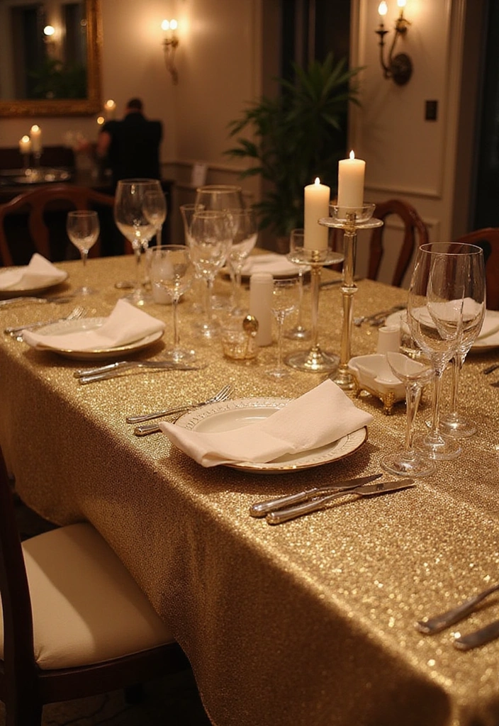 15 Festive Dining Table Cloths to Elevate Your Seasonal Home Decor! - 5. Shimmering Metallics