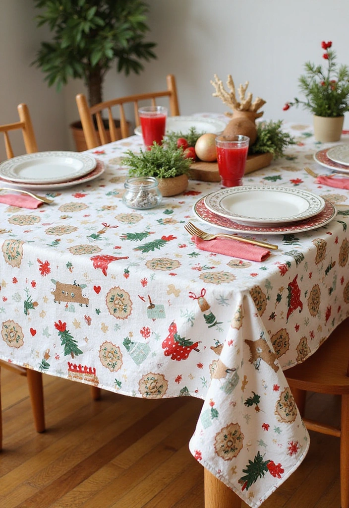 15 Festive Dining Table Cloths to Elevate Your Seasonal Home Decor! - 6. Whimsical Holiday Motifs