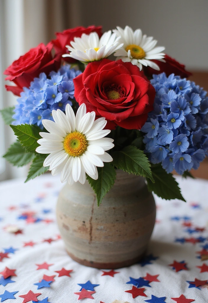 15 Festive Patriotic Table Decor Ideas That'll Make Your July 4th Celebration Unforgettable! - 1. Striking Centerpiece with Flower Arrangements