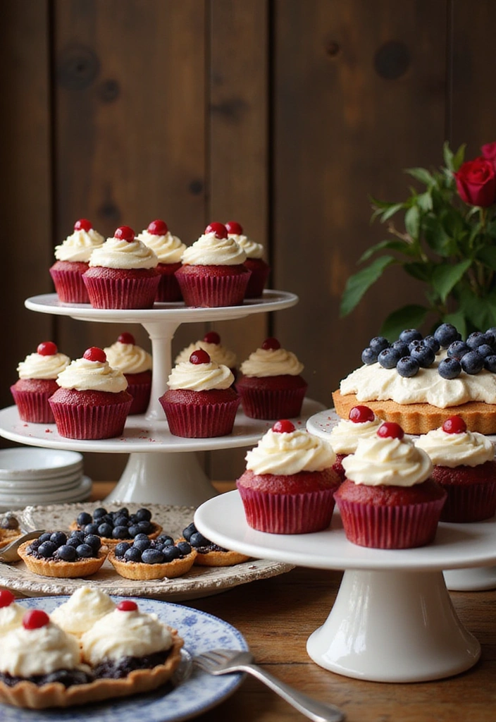 15 Festive Patriotic Table Decor Ideas That'll Make Your July 4th Celebration Unforgettable! - 13. Dessert Display with a Patriotic Twist