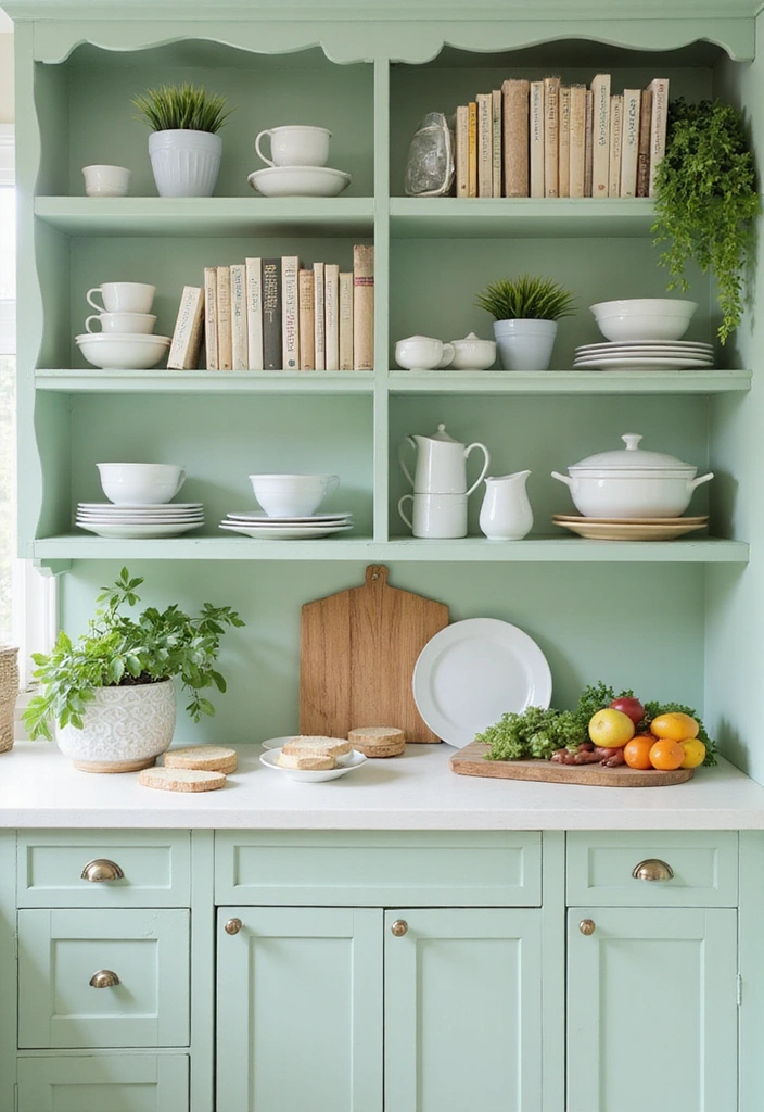 15 Pastel Kitchen Decor Ideas That Will Make You Fall in Love with Cooking Again! - 9. Pale Green Painted Shelving