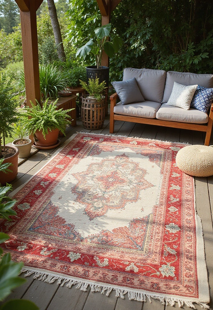 16 Backyard Decor Ideas That'll Make You Feel Like You're on Vacation Every Day! - 7. Outdoor Rugs for Comfort