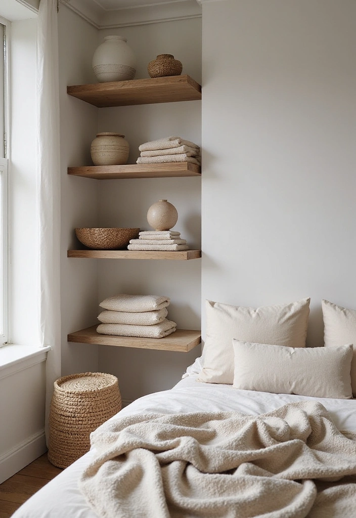 21 Minimalist Shelf Ideas That Prove Less is More in Your Bedroom! - 4. Open Shelves with Soft Textiles