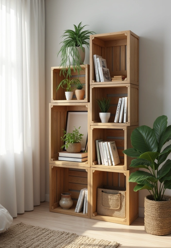21 Minimalist Shelf Ideas That Prove Less is More in Your Bedroom! - 9. Wooden Crates as Unique Shelving