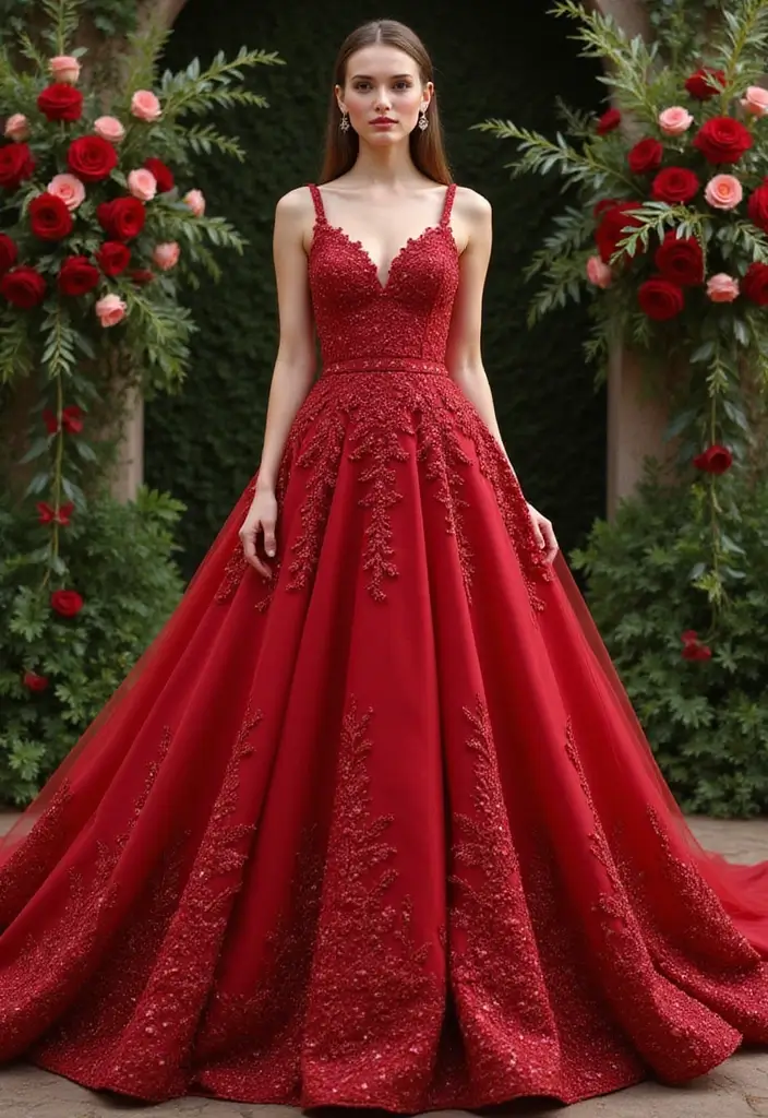 18 Bold Red Wedding Gowns That Will Turn Heads on Your Big Day! - 10. Floral Embroidery